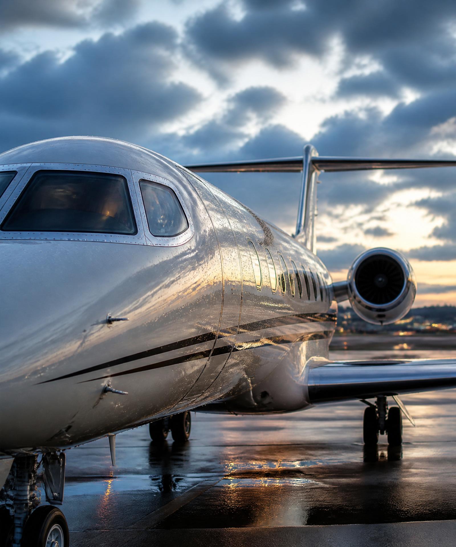 Private jet detailed at dusk in a Danish hangar